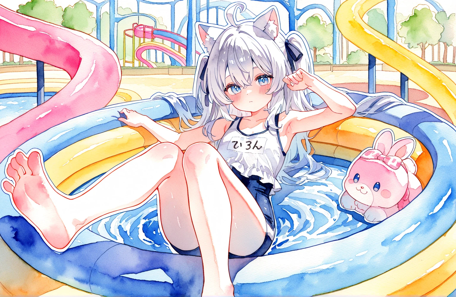 (highest quality, masterpiece, High resolution)、4K Anime Art、(1 beautiful Japan woman、20-year-old)、((Gliding on a waterslide))、 (Detailed depiction of a beautiful face)、Happy smile、Small breasts、(Cat ear)、Medium Short Hair、Bobcut、(small tops、swimshorts、Colorful Swimsuits)、(Blank background)、((White Background))、