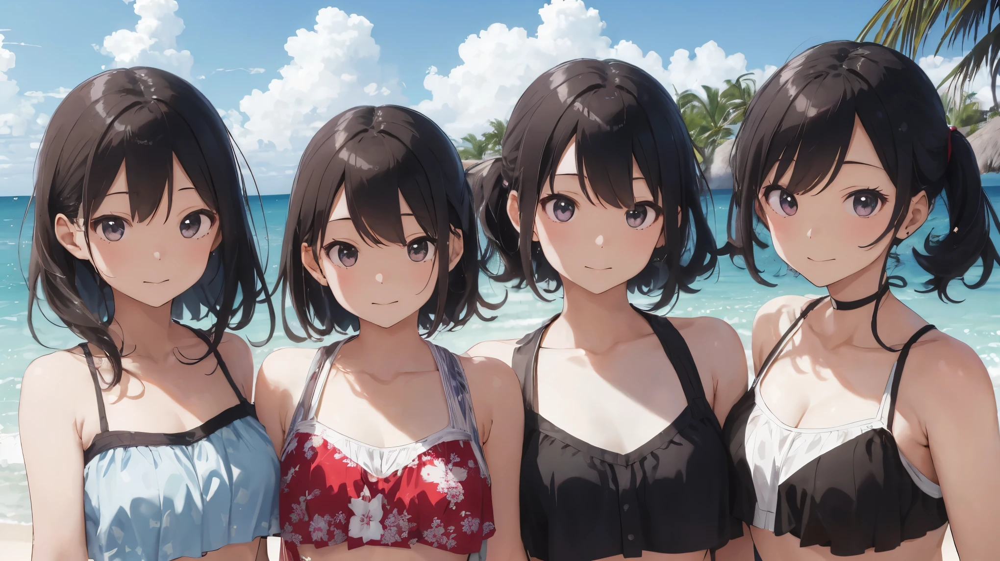 (masterpiece:1.2), (highest quality:1.2),, Curvy but slender body, perfect eyes, perfect face, perfect lighting, 2 girls, ,on the beach,(standing position),(pink bikini swimsuit),(whole bodyのショット),(short hair),(smile),curly hair, fine clothes, detailed outdoor background, compensate, eye shadow, thick eyelashes, fantasy, looking at the viewer, whole body、blue sky、bright and beautiful face、young shiny glossy white shiny skin、the best beauty、the most beautiful bright blonde hair in the world、thin hair、short hair、Shining beautiful bangs、big shining blue eyes、very beautiful and nice 18 years old, the most beautiful girl in the world、small breasts