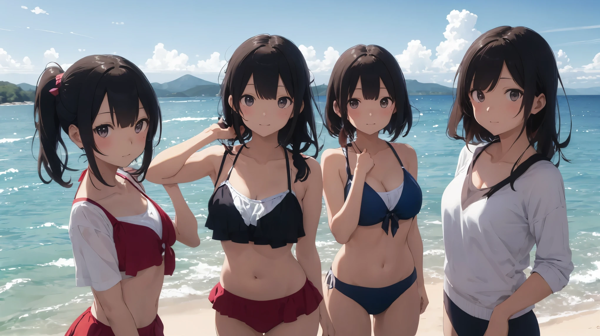 (Best quality:1.1), (Masterpiece:1.2), 5 girls,swim wears,are standing,Highqualityshadow, Beautiful detailed, Beautiful face, Detailed eyes,Depth of field, A high resolution, Best shadow, Best illumination, Kizi, view the viewer, (Five-color hair:1.3),Brush cut,extra very short hair, Blunt bangs, Long hair, Black eyes, Shy, Large breasts, Miniskirt, swim wears, Pump, sea beach,Greenery,clouds, Sunburn,Boo marker,cleavage,looks into camera,ssmile,closeup cleavage,Superskirt