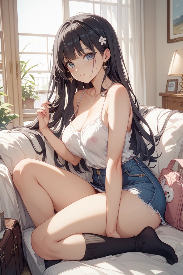 (Best Quality,masterpiece)Detailed beautiful face and eyes),cowboy shot,(focus 1woman,solo),20 year old beauty、Japanese,blacke hair,long hair,blunt bangs,shy look,((smaller head:1.4,skinny:1.3,ideal ratio body proportions:1.3,medium breasts,gleaming skin:1.2)),(((Room wear:1.5,underboob:1.3,camisole、shorts))),sitting,Simple bed,simple bedroom、
