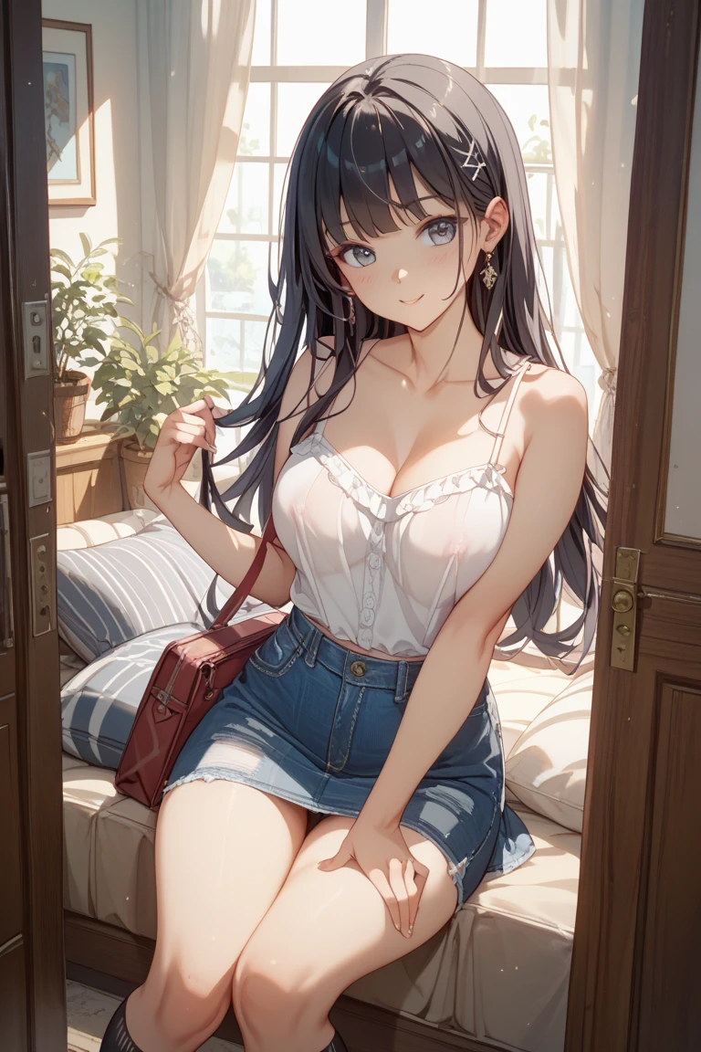 there is a woman sitting on a window sill in front of a window, with backdrop of natural light, leaning against the window, near a window, next to a big window, near the window, standing near a window, with a seductive smile, next to a window, casual pose, taken with canon 80 d, attractive photo, gorgeous young korean woman, medium breast, exposed cleavage, exposed thighs, sexy body, perfect body, brown long hair, ((wearing transparent white dress)), erected nipples, legs are wide open, black laced underwear, exposed shoulders, she is wet, no bra, exposed genital, public hair