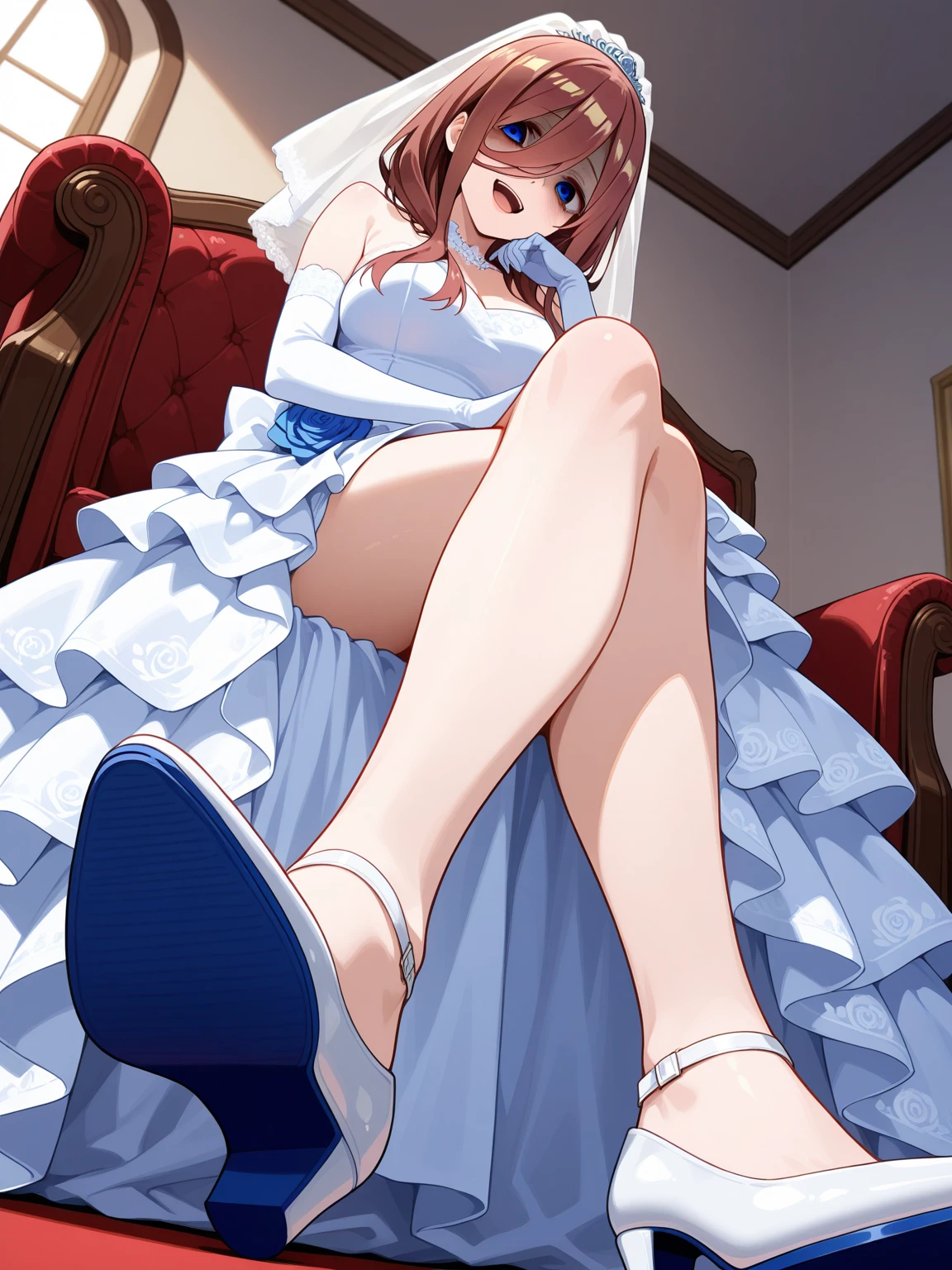 masterpiece,best quality,ultra detailed,1girl , solo , solo focus , full body ,( from forward down ),( pantyshot :1.3), thigh focus ,looking at viewer ,( looking down:1.4),( crossed legs :1.3),(( Sitting highly on her throne:1.5)),( reclining:1.3),( spread legs:1),( leg up :1.2),  floating hair ,( looking down :1.4), (detailed drawn hands), (white wedding dress:1.5),(long dress),bridal veil,(white thigh boots:1.3),thighhighs,  (thigh high boots),   elbow gloves , red eyes, brown hair , short hair,floating hair,  outdoors, blue sky,