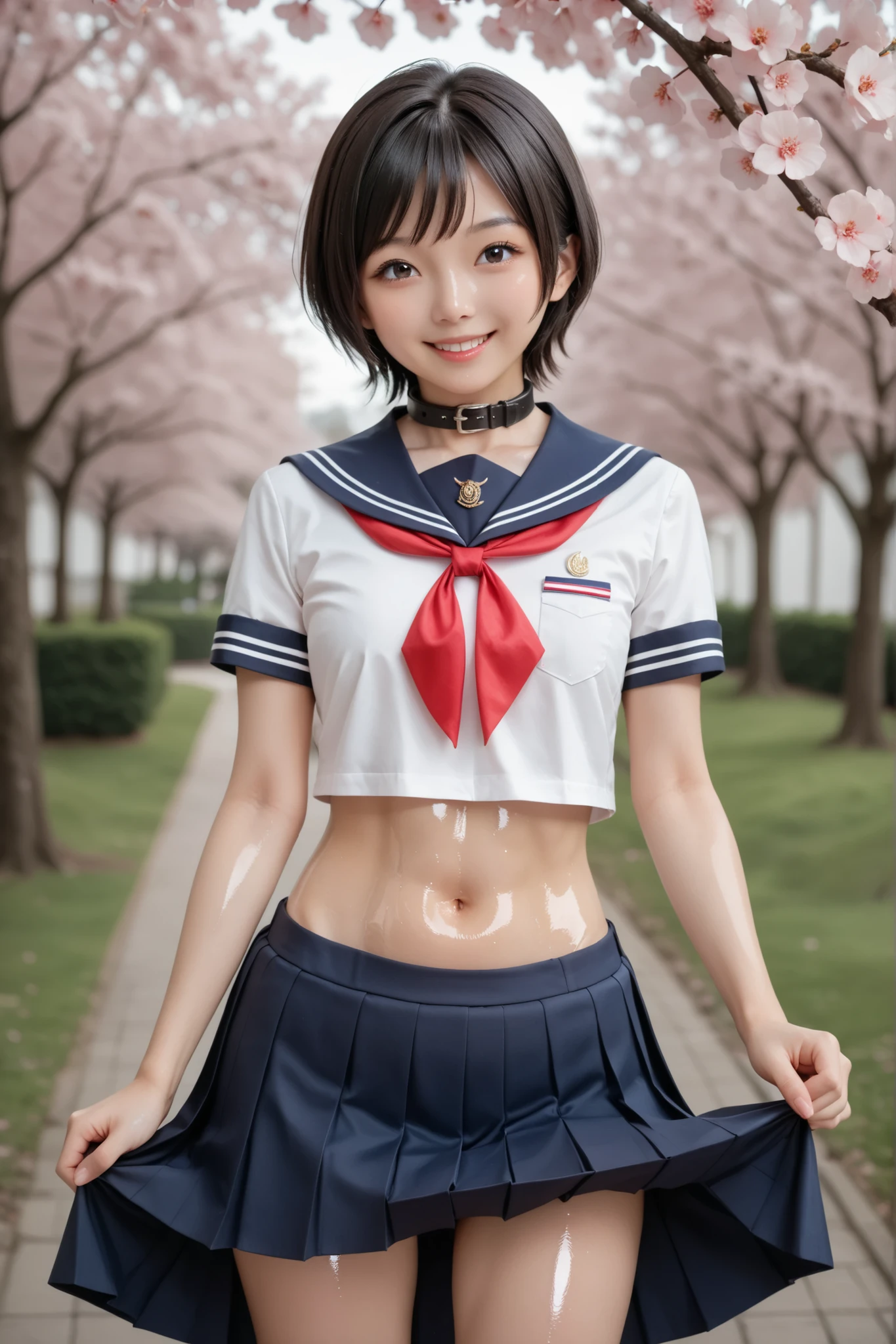 photo shoot with beautiful standard breasts, most beautiful Japanese model, female model, (tall and thin:1.5), 4K、bungs、black hair , short hair, bob hair, straight hair holding people's arms、(white short sleeve sailor suit:1.5, The color of the collar is dark blue :1.5, Red ribbon on chest:1.5, belly button out:1.2,navy blue pleated mini skirt:1.2), ( Idol Style Cute Face:1.4), upper body, Slim and Beautiful Figure, sexy, flat chested:1.5, smile, The background is a row of cherry blossom trees, ( RAW photos , Highest Quality, masterpiece, Super Detail, Ultra High Definition, realistic) , (((Shiny Oiled Skin:1.5 , shiny skin :1.5))) , ((skirt lift:1.5 , show me female genitals:1.5))