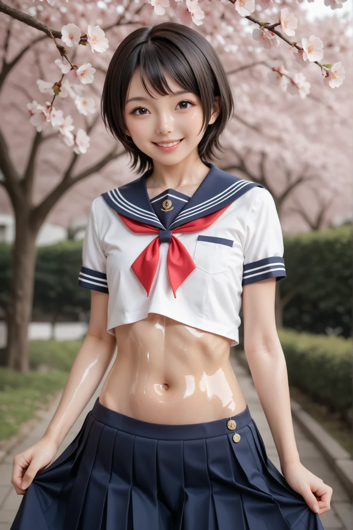 photo shoot with beautiful standard breasts,  most beautiful Japanese model,  female model, (tall and thin:1.5),  4K、bungs、black hair , short hair, bob hair, straight hair holding people's arms、(white short sleeve sailor suit:1.5, The color of the collar is dark blue :1.5, Red ribbon on chest:1.5, belly button out:1.2,navy blue pleated mini skirt:1.2),　( Idol Style Cute Face:1.4), upper body, Slim and Beautiful Figure, sexy, flat chested:1.5, smile, The background is a row of cherry blossom trees, ( RAW photos , Highest Quality, masterpiece, Super Detail, Ultra High Definition, realistic) , (((Shiny Oiled Skin:1.5 , shiny skin :1.5)))  , ((skirt lift:1.5 , show me female genitals:1.5))