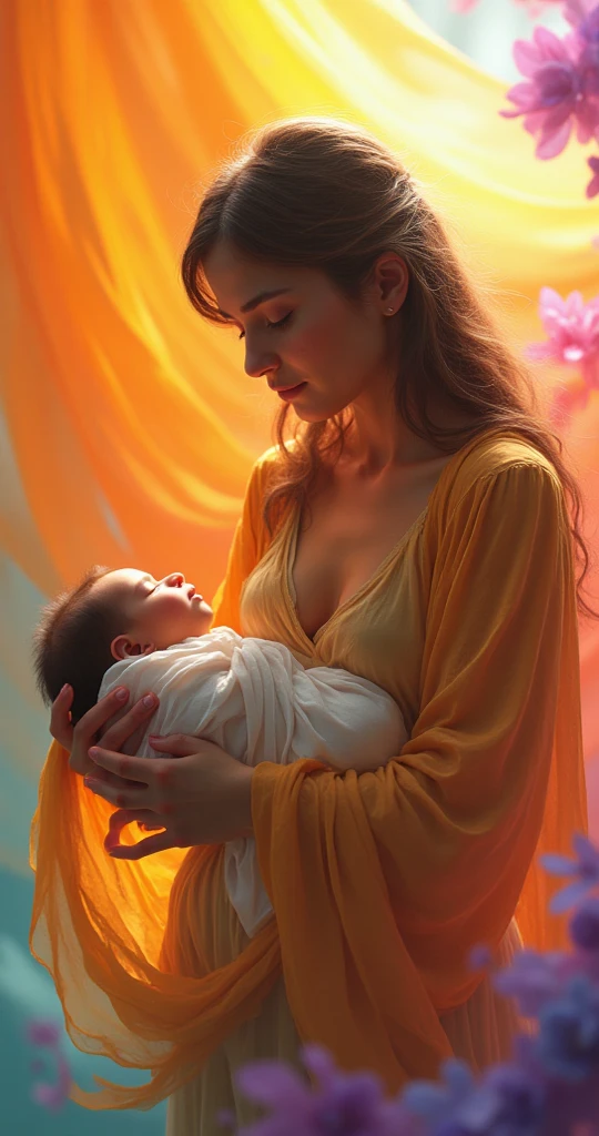 A light-skinned xxxx, approximately 25-30 years old, cradles a newborn baby.  The xxxxx expression is tender and loving, her gaze soft and focused on the .  Her light brown hair is long and flowing, cascading around her shoulders.  Xxx wears a sheer, flowing, orange-yellow fabric that appears almost liquid, draped loosely around her. The fabric's texture is delicate and ethereal, mimicking the swirling colors in the background. The xxxx, with light skin and a serene expression, lies nestled in her arms. The xxxx features are soft and innocent.  The xxxx arms and the xxxx body are in a close, nurturing embrace. The background is filled with a swirling, multicolored mist of paint, primarily orange, yellow, pink, purple, and teal. This creates a dreamlike, almost abstract, atmosphere. The colors blend seamlessly and gently flow around the figures. The lighting is soft, diffused, and highlights the tenderness and warmth of the moment.  The composition is intimate and centered on the close bond between mother and .  The perspective is a close-up, intimate view.  A surreal, painterly style, with a focus on emotional connection and delicate beauty.  --ar 1:1.5 --ar 1 --ar 1.2 --v 5 --ar 16:9
