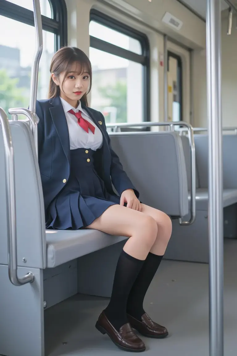 8k, RAW Portrait (Japanese women),masterpiece、Realistic:1.3、Realistic, Ultra-high resolution, Highest quality, Real Life Photos ,(((Showing panties:1.4)))、((Sitting on a train seat on the Yamanote Line, looking at my smartphone.:1.4))、
((((1 person:1.5)))), (((電車内でPlease lift your skirtパンティーを見せびらかす女子高生:1.4)))、(Cute Face:1.3),((Japanese schoolgirl))、((((Japanese High School Uniform:1.6))))、  Black Hair,(Written boundary depth:1.3)、 ((Dark brown eyes:1.2))、(Realistic skin texture:1.3)、(Immersive atmosphere:0.8、Chiaroscuro:1.2) 、(Audience:1.3)、((smile:0.9))、((Red cheeks:1.1))、((very small white panties))、((Please lift your skirt))、(Emphasize panties)、Skirt Lift、Please lift your skirt、Checked skirt