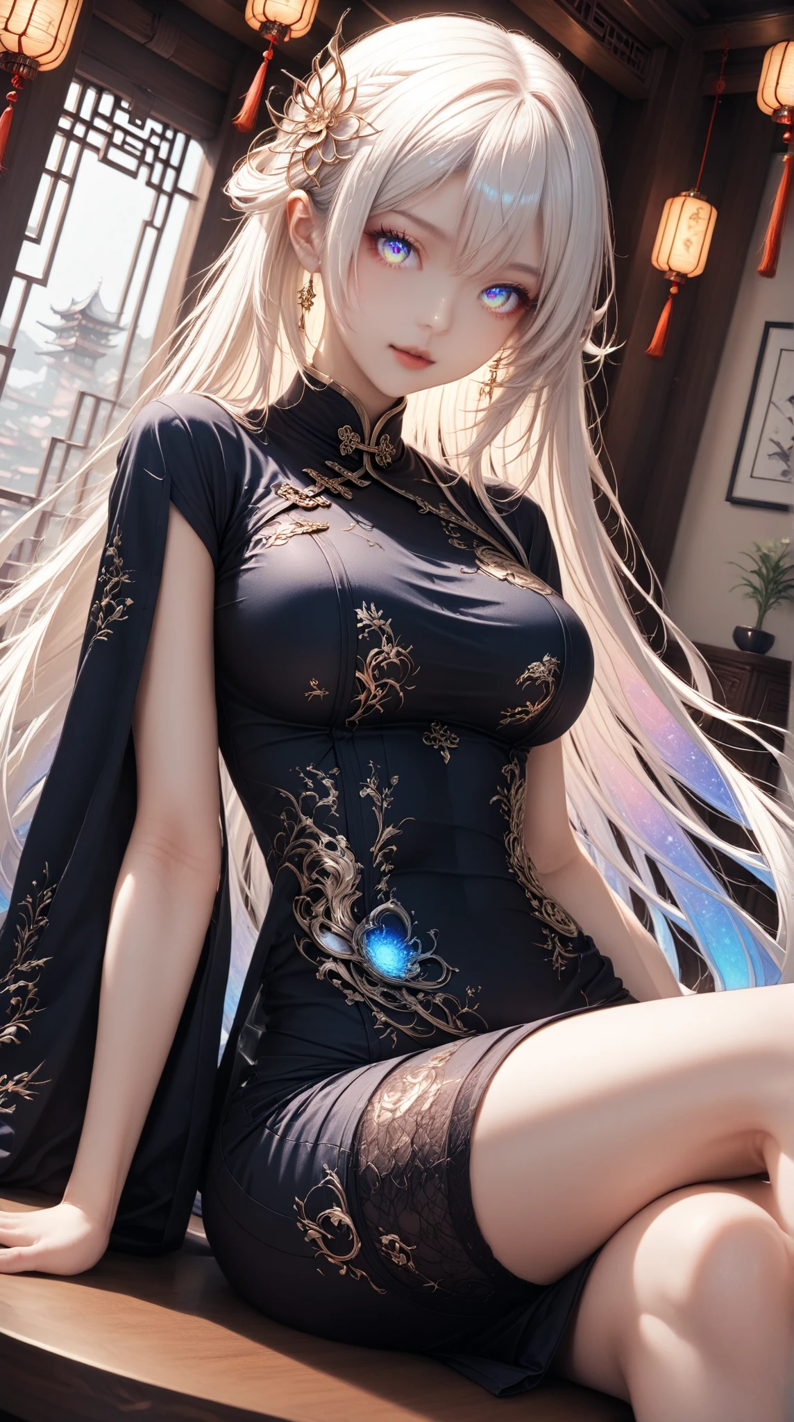 (1 girl), ray tracing, (dim lighting), [detailed background (bedroom), (silver hair), (silver hair) (shaggy silver hair, plump and slim girl) (with high ponytail) alone in the bedroom, blonde eyes (girl wearing intricately embroidered black high-waisted pants with pantyhose) and white ruffled bow gloves), showing a delicate slim figure and graceful curves, correct limbs! Sitting on the bed, delicate facial features, attention to the overall details, masterpiece
