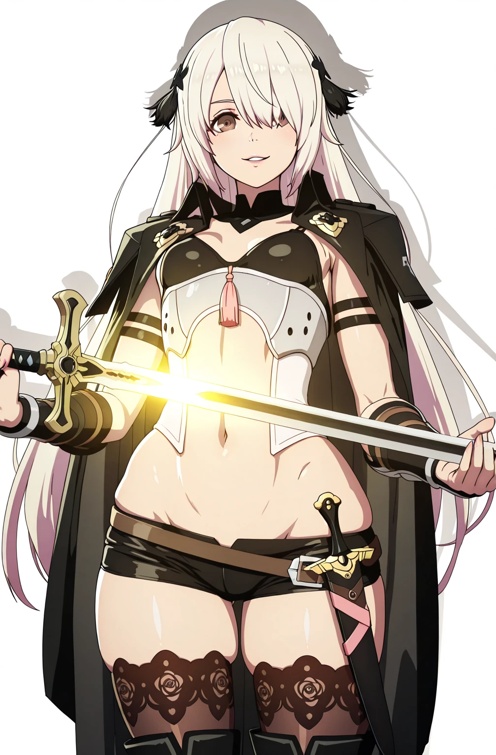 ggstduel, (shiroshisu-style:1.2), ((Cinematic, unreal engine, eye-catching, ambient occlusion, UHD, masterpiece)), ((dim lighting, soft shadow)), comic, score_9, score_8_up, score_7_up, score_6_up, score_5_up, score_4_up, uncensored, detailed background, vignetting, high quality, absurdres, best quality, very aesthetic, newest, digital art, trending on ArtStation, ((anatomical correct)), perfect body, perfect eyes, perfect fingers, gasping, heavy breathing, gasping profusely, ((skindentation)), ((curvy)), ophelia_vfe, black hair, very long hair, brown eyes, bangs over one eye, ((small breast)), plump, cosplay, 1girl, byleth_(fire_emblem)\(cosplay\), weapon, solo, shorts, breasts, pantyhose, sword, holding, boots, armor, full_body, holding_weapon, navel, tassel, sheath, white_background, clothing_cutout, short_shorts, shoulder_armor, standing, holding_sword, black_shorts, brown_pantyhose, sheathed, bustier, simple_background, turtleneck, knife, looking_at_viewer, vambraces, cape, midriff, dagger, navel_cutout, pantyhose_under_shorts, bodice, high_heel_boots, high_heels, print_legwear, black_armor, floral_print, black_cape, knee_boots, black_footwear, armlet, sidelocks, legwear_under_shorts, lace-trimmed_legwear, shadow, lace_trim, knee_pads, patterned_clothing, smug, waist_cape, capelet, parted_lips, detached_collar, coat, cloak, belt