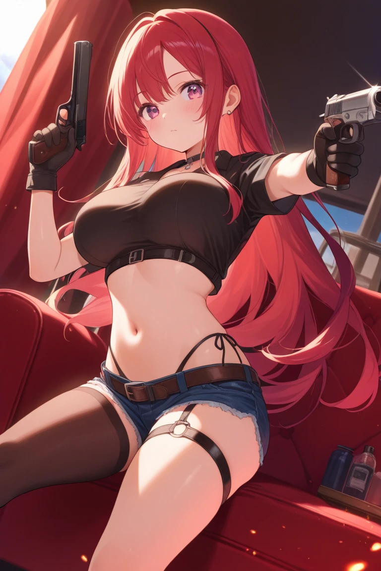 dual horsetail,Lori huge breasts cleavage,Double gun,A pink-haired