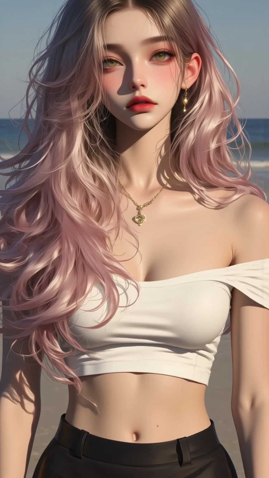 Photo of a 25-year-old European woman, raw, (Extra long wavy light pink hair), very large breasts, nude, ((Portrait)), ((Detailed face:1.2)), ((detailed facial features)), (finely detailed skin tone), pale skin, ((Blurry background:1.25, Sim Backgrounds, Background without humans, Detailed background)), (during a sunset:1.37), ((Perfect proportions)), (photos realistic), (Best Quality), (High resolution), (Detailed), photographed in a Canon EOS R5, 50mm Lens, F/2.8, (8K) (Wallpaper