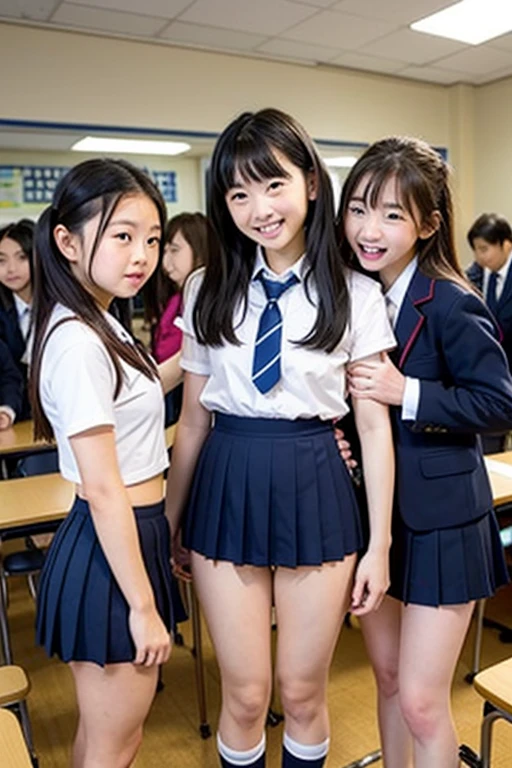 Two high school girls in a classroom、Natural body shape、White skin、Natural Makeup、Black Hair、bangs、Bob short hair and twin tails、((High School Uniform))(((navy blue cardigan、White collar blouse、red school ribbon、mini skirt)))、(())、(Looking at the camera facing forward)、Full body photo、Exposing your thighs、White socks、Black Loafers、((Lift up the skirt?))、(Small size pure white panties)、Fothe groin、Sit with your legs apart、Very tight panties、Two peopleg each other、Lift up the skirt、Lesbians too