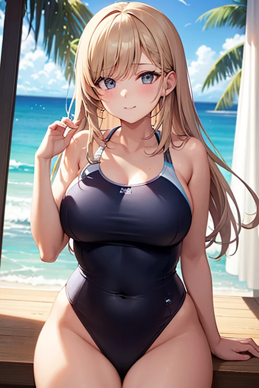 (master detailed anime)(masterpiece)(shine eyes)One girl, alone, (asuna)(naked:1.3), (Navy blue school swimsuit), Large Breasts, Cleavage, Thighs, Sandy beach background, (Blushing:1.2), smile