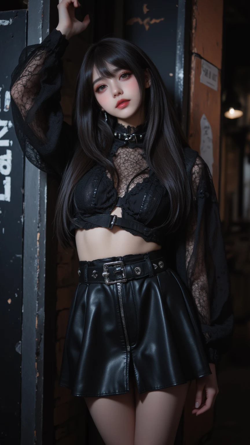 Vampire idol in gothic punk style..、big and full breasts、beautiful foot、、、Good style、、、Gothic punk black and red lolita fashion.(、a miniskirt)、、、Black hair with red mesh..、absolutely、cool expression、Illuminated by a red spotlight, united_dicephalus, (Two heads:1.2), whole body, posing, hand signals