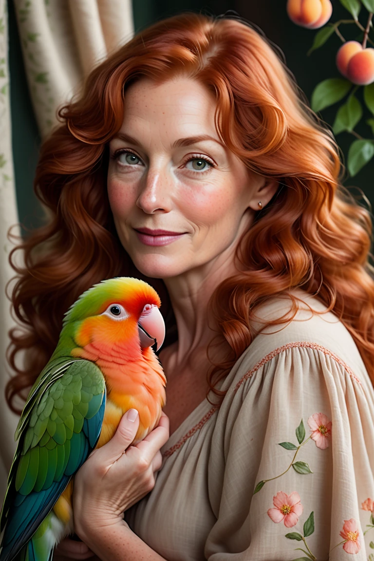 In a room filled with soft music, Yolande, a 60-year-old woman, moves with grace, a pair of parrots chirping melodiously from a nearby cage. Her t-shirt, colored in golden amber, appears to have a shimmering glow effect, casting a honeyed luminosity that feels both cozy and enchanting. The parrots, with their vibrant feathers, add a splash of color and life to the scene. The scene is a blend of the past and the present, with Yolande's elegance and the parrots' songs tying everything together.