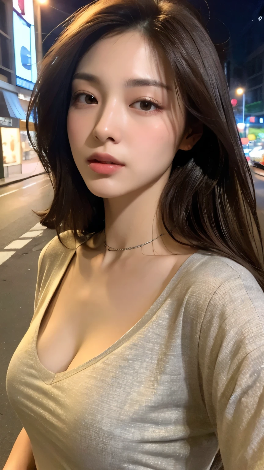 ((Highest quality, 8K, masterpiece:1.3)), sharp:1.2, Beautiful woman with perfect figure:1.4, Slim Abs:1.2, ((Layered Hairstyles, Huge boobs:1.3,Cleavage:1.2)), (A long shirt with wet white buttons showing through:1.1),(rain,Street:1.2),get wet:1.5,Highly detailed face and skin texture,Detailed eyes,double eyelid,Glancing sideways at the camera