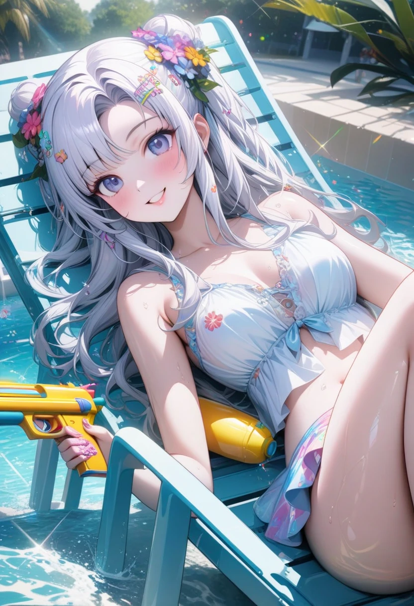 top-quality、An ultra-high picture quality、Anime style、Beautiful girl like the anime heroine of Japan、Double eyelids、Beautiful nasal muscles、Beautiful eyes、The bikini、Eversummer、the beach、Beach coffee shop deck、tropical drink、I can see the waves、White sand beach can be seen、