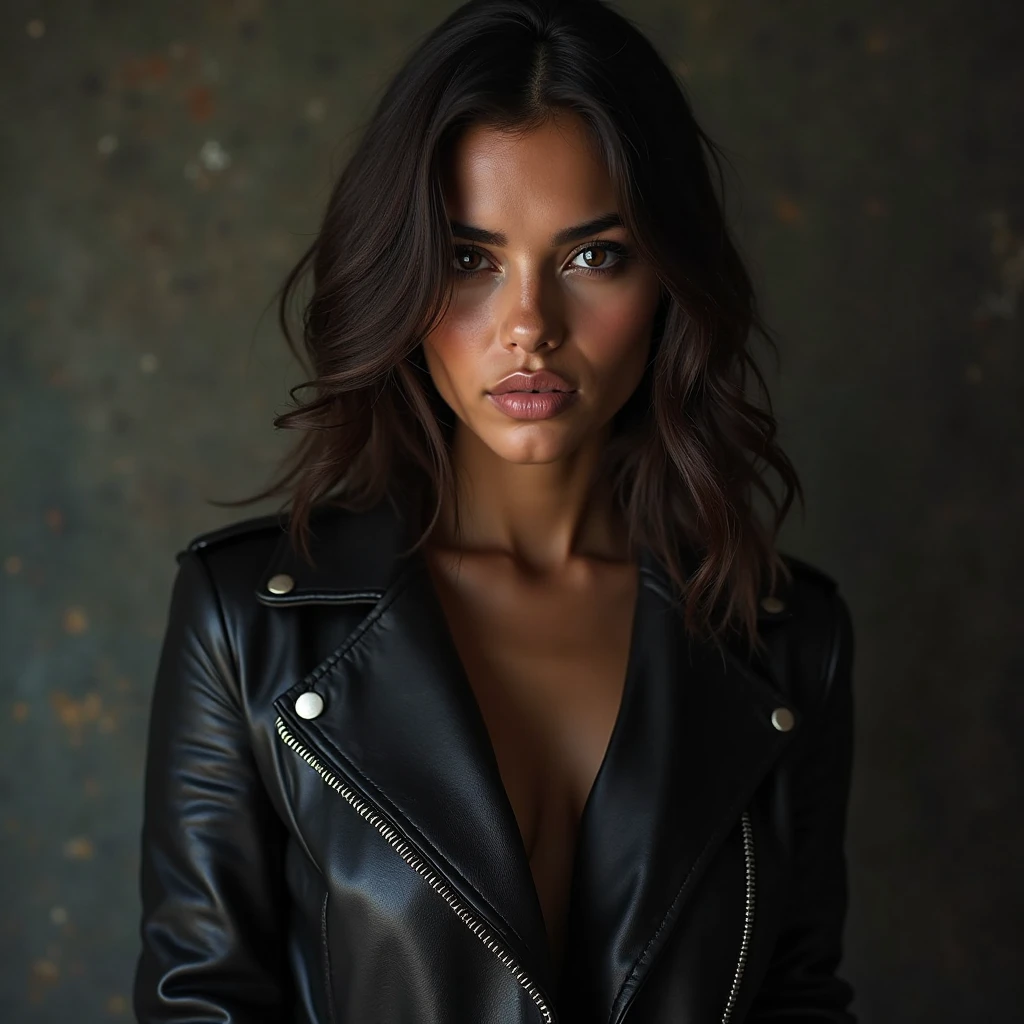 Adriana Lima, with a leather jacket, and freckles
