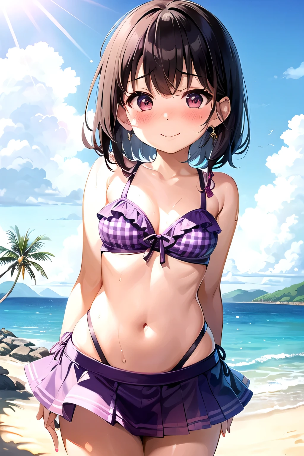 One girl,Nozomi、Gentle expression、smile、Welcome、Ocean、blue sky、Sandy Beach、Sexy pose、Pink sexy swimsuit、A complete depiction of the human body、masterpiece, Highest quality, Game CG, ultra detailed、highres、extremely detailed CG