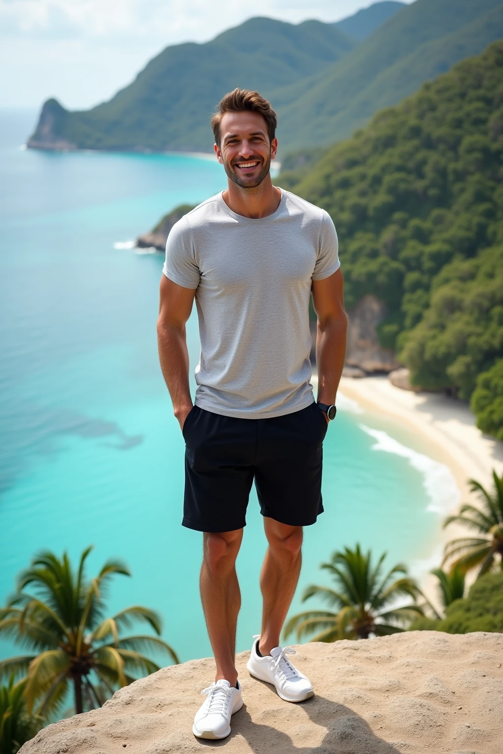Describe an attractive man alone on the beach in Rio de Janeiro, his body, which is tanned and sculpted, is in a perfect light that highlights his flawless appearance, with no defects on his limbs. His well-defined muscles accentuate his confident posture, and his tanned skin shines in the sun. His face displays attractive features and a captivating smile. He enjoys the beach with grace and charm, personifying the healthy and relaxed lifestyle characteristic of Rio's beaches, 8k, cinematic ilumination.