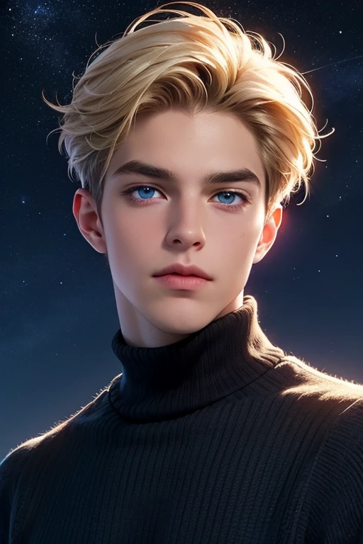 extremely depressed boy,Blue eyes,Full of endless melancholy and deep thoughts,Feelings of loneliness and helplessness,Pale and thin,night,starry sky