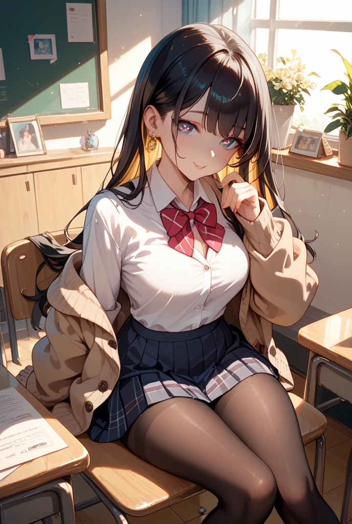 masutepiece,Best Quality,ultra-detailliert,8K,tall,Big female,huge-breasted,年轻,20 years old,Medium Hair,Wavy Hair,Brown hair,hair clips,lightsmile,blush,tusk, POV, Fisheye,(Panties:1.1), School uniform, crass room, From below, Dynamic Angle, School Desk, school chair, Sitting, Spread legs, Skirt, view through desk, viewed from under desk, lightsmile, Writing, Studying, eraser, Large crowds,