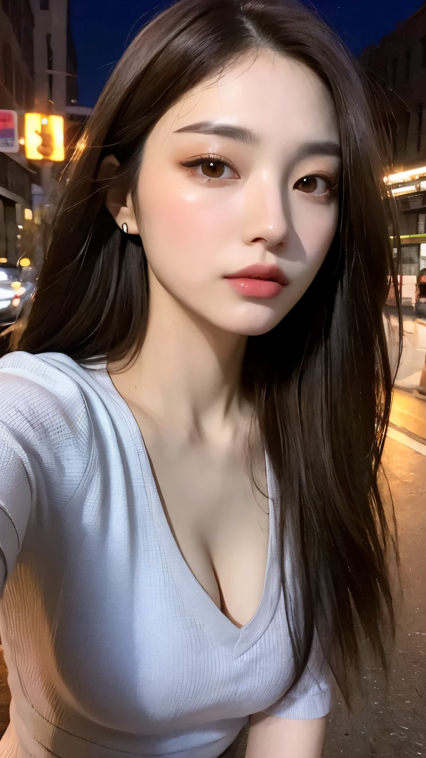 ((top-quality、8K、​masterpiece：1.3))、Crisp focus：1.2、Beautiful Women in Perfect Style：1.4、Slender Abs：1.2、((dark brown hair、Colossal tits：1.2))、(White button-up long shirt:1.1)、Street:1.2、Highly detailed facial and skin texture、A detailed eye、二重まぶた、Exposed cleavage、JINS、Fair skin