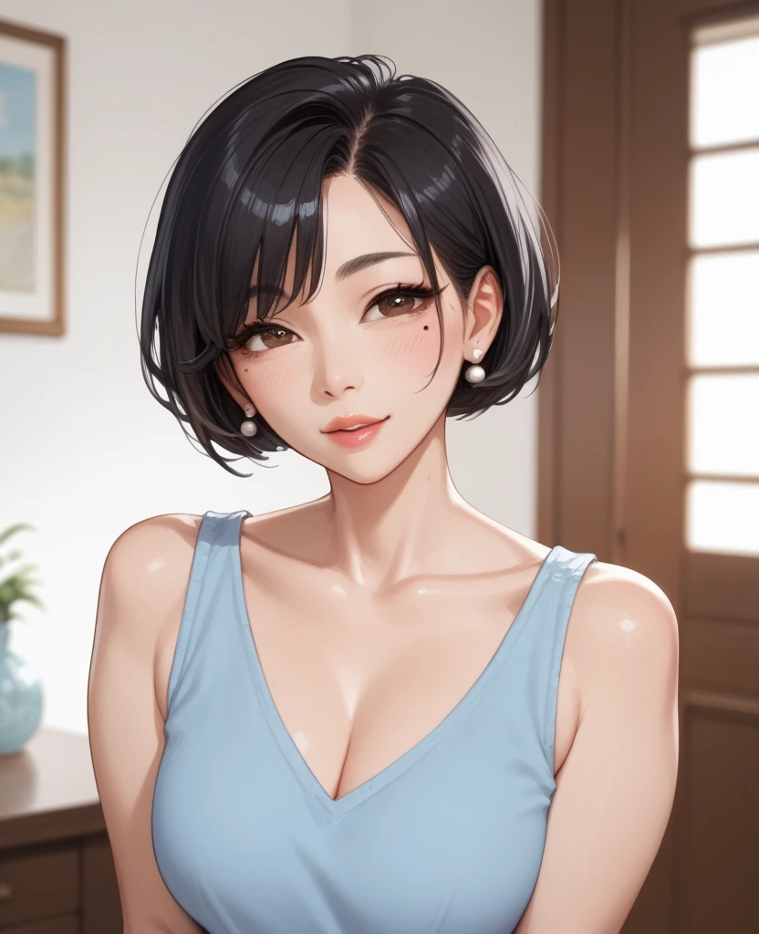 (best quality,4k,8k,highres,masterpiece:1.2),ultra-detailed,(realistic,photorealistic,photo-realistic:1.37),portraits,sexy,cute,woman,short black hair,bob style,beautiful face,plump face,seductive blue eyes,medium nose,deep pink blush,glossy red lips,smiling,long neck,visible collarbone,white t shirt,black graphics,shiny black pants,wooden wall,natural lighting,intimate moment