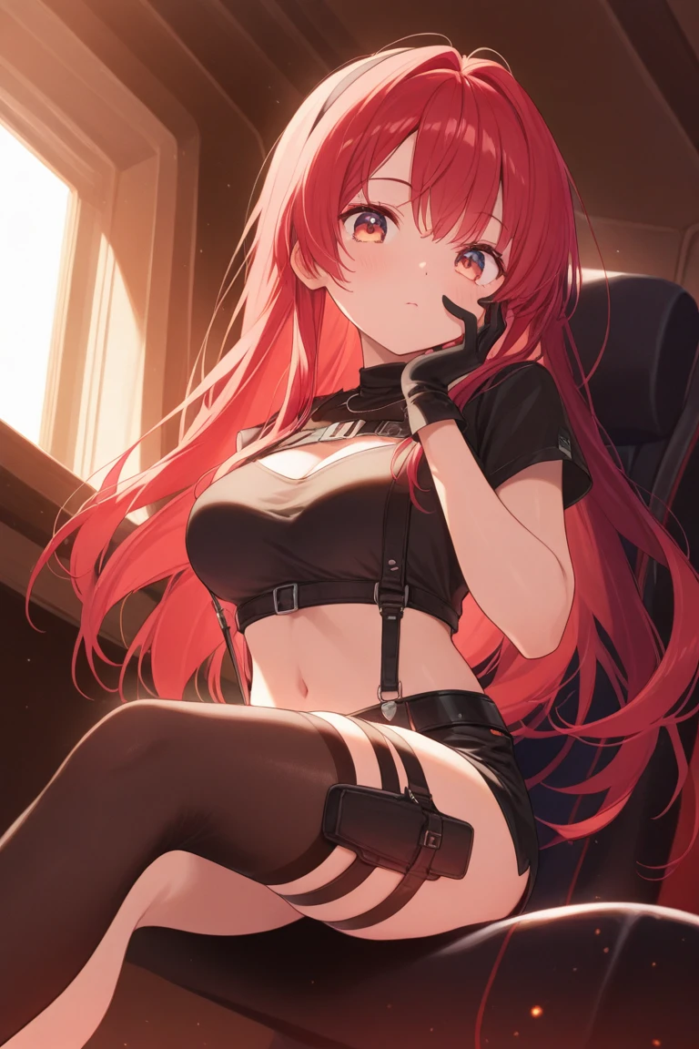 masterpiece、Highest quality、Best image quality、High resolution、Big Breasts、Red hair、Red Eyes、Berry Short、Black Uniform、Unbranded uniform