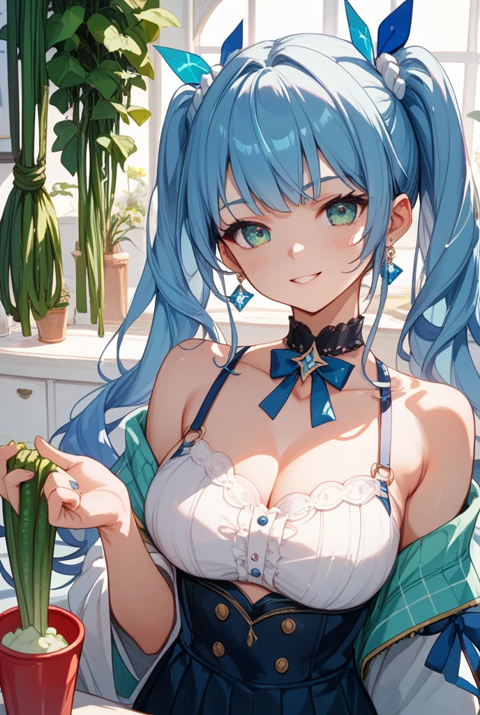 top-quality、hight resolution、detaileds、Blue Slime Girl、lightly dressed、Ruined room、Long bun hair、Cute appearance、a smile,