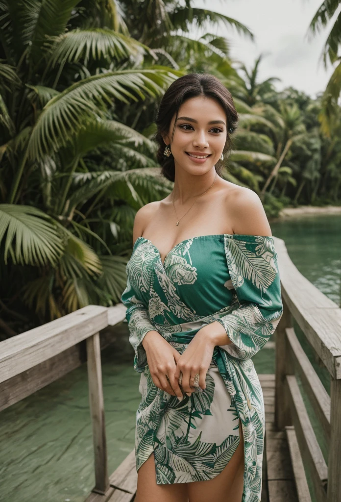 Half-length glamour portrait, nikon D850, f1.6 lens, 200mm, DSLR, 22 Megapixels, (((Botanical garden with exotic flowers scene))), shot of a stunning 20 years old portuguese girl, (smile:1.4), (wearing Green Wrap dress with tropical print:1.6), ((seductive pose)), hot girl, (((big natural breasts))), (((brown ponytail hair))), (small girl), symmetrical face, photorealistic, photography, (bright natural lighting), gorgeous, deep cleavage, (masterpiece), best quality, high resolution, extremely detailed, cinematic lighting, (((very narrow waist))), rich colors, hyper realistic, lifelike texture, ((jewelry)), (((She has beautiful hands and wears rings))), (bracelet), (necklace), (ankle chain), (nail polish) (earrings), Fuji Superia 200, 8k