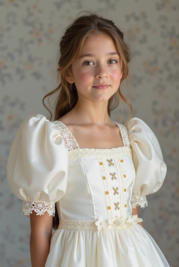 White Lima Peruvian girl with black eyes in a white dress from 1665