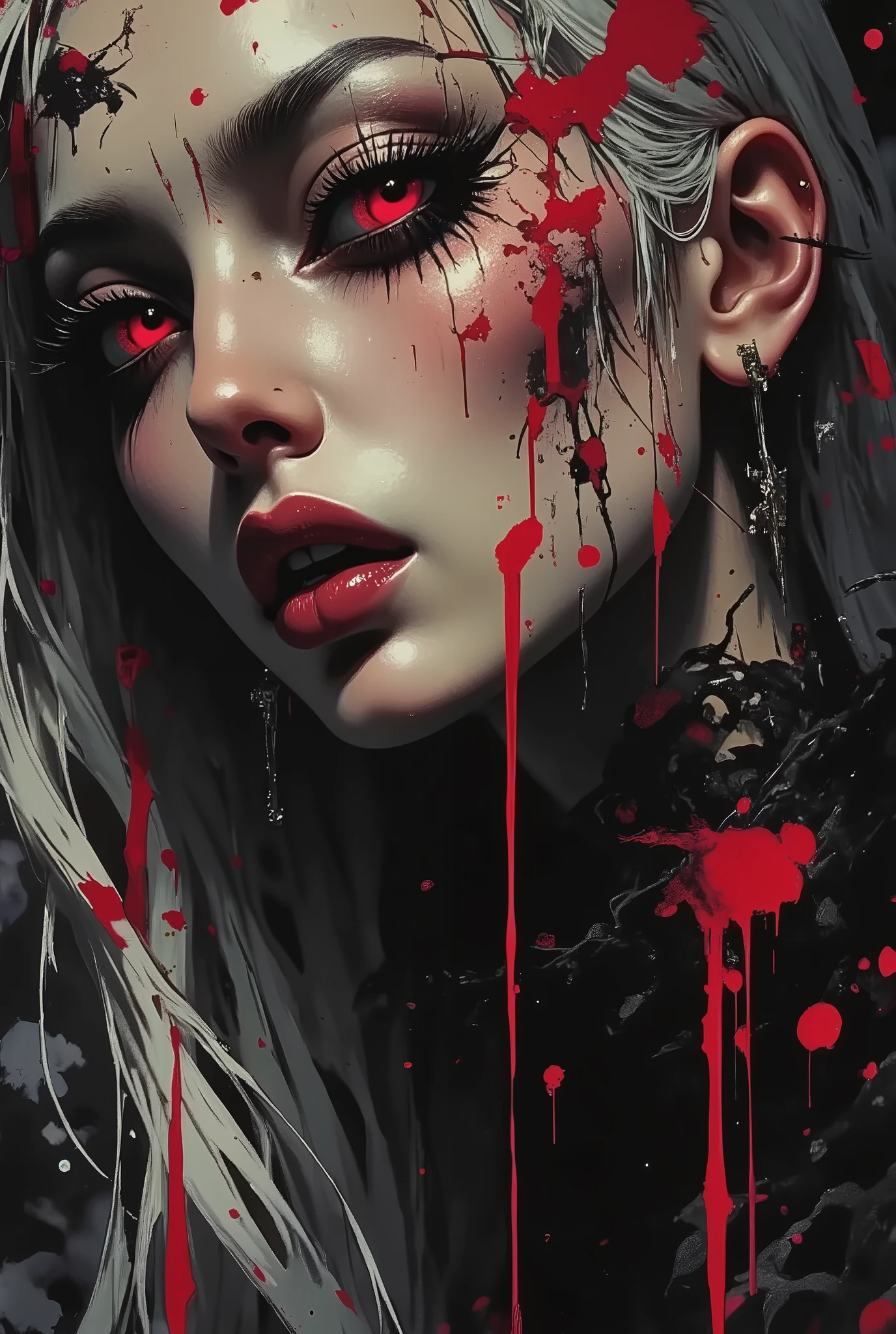 Silhouette Art, breathtaking detailed, masterpiece, awe-inspiring, radiant, magnificent, ink on rice paper, charcoal, henna and carmine, dark background, portrait of stunning oriental female vampire, long white hair, bangs, lips parted, showing slightly bared fangs, seductive, sultry, lustful, red eyes, red lips, erotic, nsfw