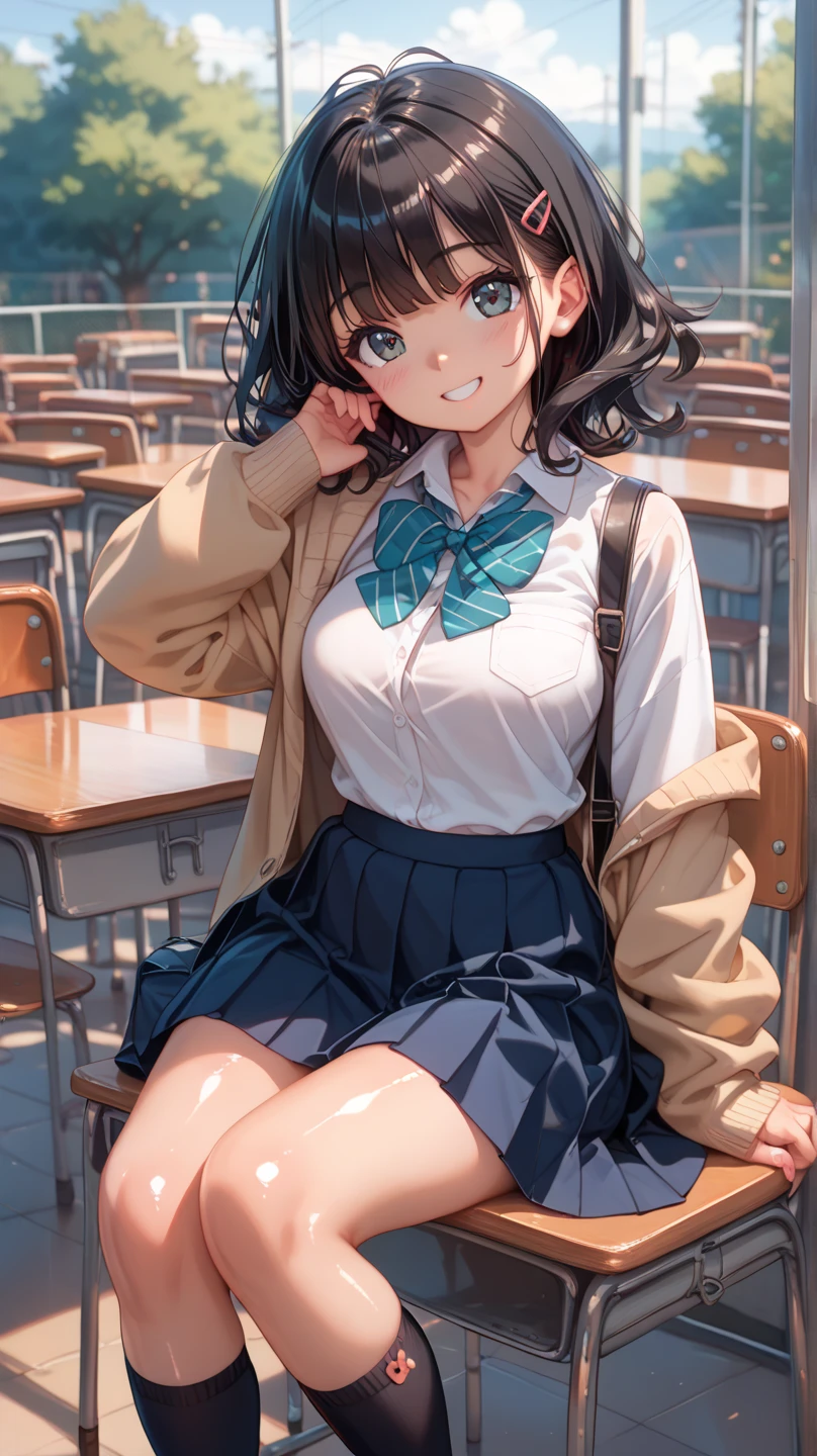 1 high school girl alone blazer tie bob hair dark blue hair color library smile gently sit cross-legged bookshelf