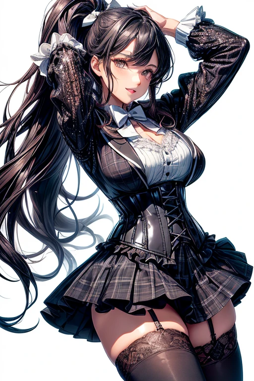 (full body shot, full body view),（Standing upright with one leg in front of the other), cute and symmetrical face, masterpiece, RAW photo, best quality, photorealistic, extremely detailed CG unity 8k wallpaper, (natural side lighting, movie lighting), looking at viewer, (face focus), 1 girl, japanese, 25 years old, perfect face, perfect body, shiny skin, (long sideburns, light black hair), hair between eyes, emerald green eyeiddle ), beautiful hair, beautiful face, beautiful lips, beautiful eyes, beautiful detailed eyes, beautiful clavicle, beautiful body, beautiful , beautiful thigh, beautiful legs, beautiful fingers, blush, ( Stiletto heels and anklets), black rubber suit, (flare skirt,ruffle skirt),(biologically correct form,correct appearance as a human being), (lovely smile, slightly open mouth),droopy eyes, black stockings