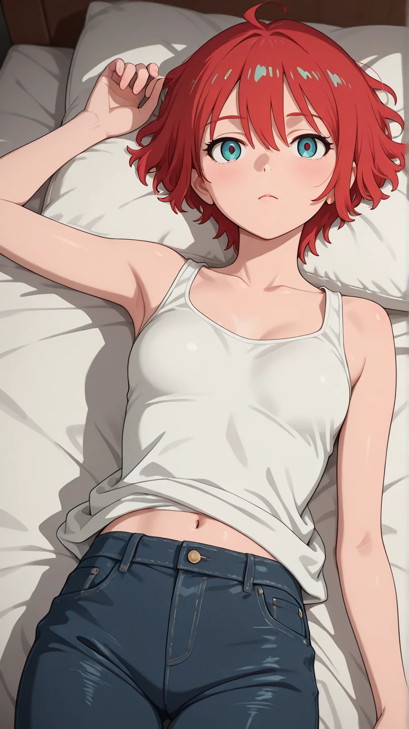 score_9_up, score_8_up, score_7_up, head to knee view, Gwendolyn_Tennyson, with big breast, lean body, wearing camisole and panty, eyes closed sleeping on bed, sleeping position, asleep