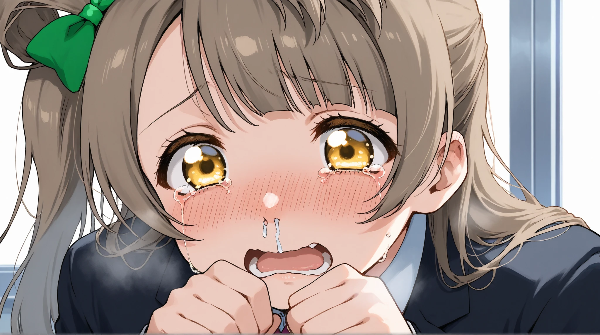 (1girl, kurusu kanako, ore no imouto ga konna ni kawaii wake ga nai), beautiful detailed eyes, black eyes, (half-closed eyes), (opened big mouth, licking, Sticky tongue), nsfw, (close-up mouth), Highest quality, Super detailed, masterpiece, Ultra-high resolution, 8k, Embarrassing, blush, Lovely, (With tears in her eyes and her mouth open), Sticky saliva