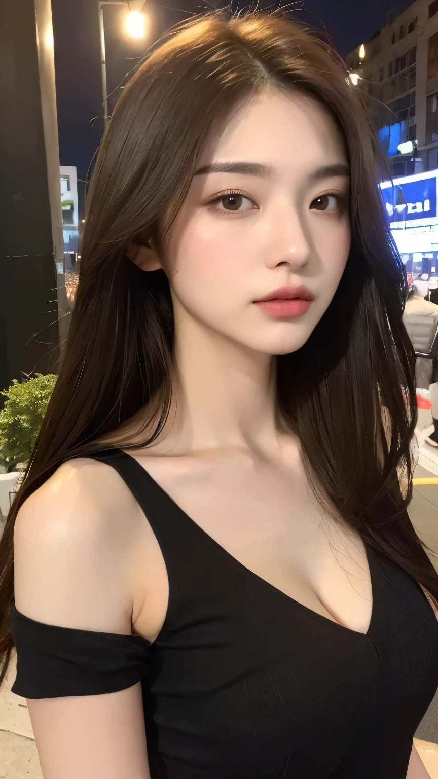 ((Realistic lighting, Best quality, 8K, Masterpiece: 1.3)), Clear focus: 1.2, 1girl, Perfect Body Beauty: 1.4, Slim Abs: 1.1, ((Dark Brown Hair, Big Breasts: 1.3)), (Aqua Dress: 1.4), (Outdoor, Night: 1.1), City Street, Super Fine Face, Fine Eyes, Double Eyelids