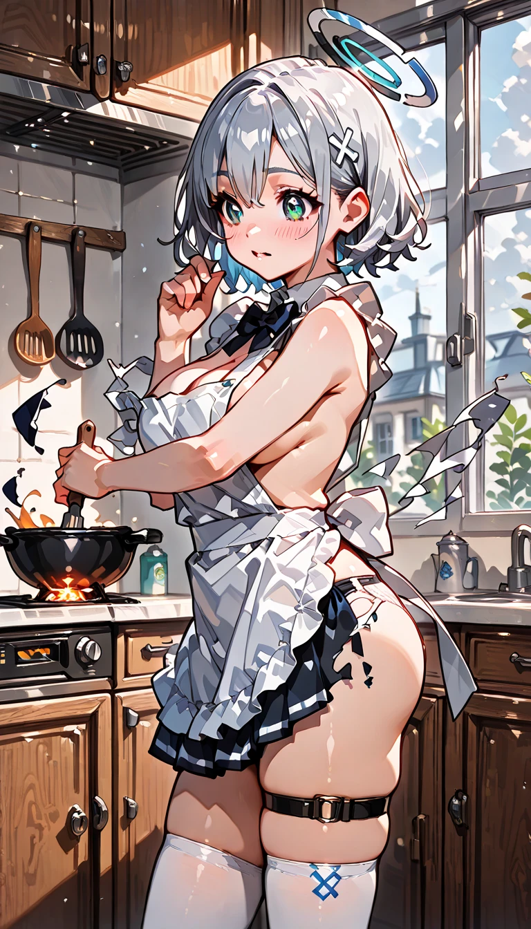 boyish Shyness naked Apron appearance kitchen Back view look back