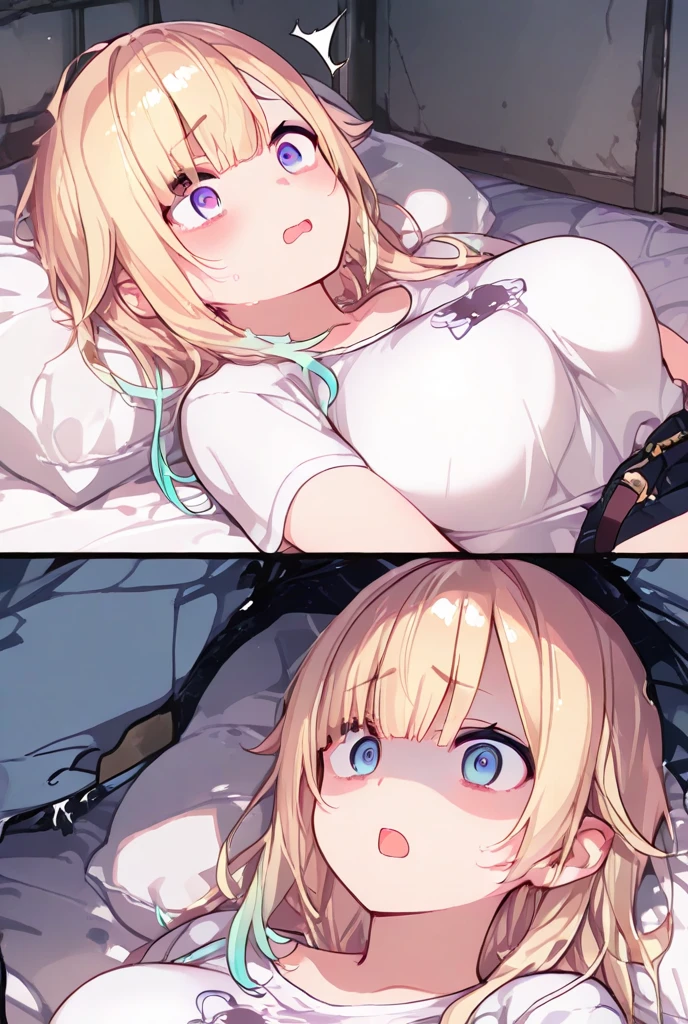 nsfw:1.2,prison,blonde,Braid,blue eyes,Big Breasts,blush,Sweat,Sloppy face,light purple leotard,Super High Leg Cut,barefoot,Face down,Lying down,Sticking out tongue,saliva,looks happy,tickle,joy,shy,tears,Ahegao:1.5,Overflowing Sex Fluids、((vagina、SEX、1 Strong Man))、Penis insertion、Dynamic pose、Roll one's eyes、Nipple protrusionissionary position, spread legs:1.5, legs up:1.2))、bangs、((Lying on your back:1.5))、Hair pulling、Hair being grabbed:1.1