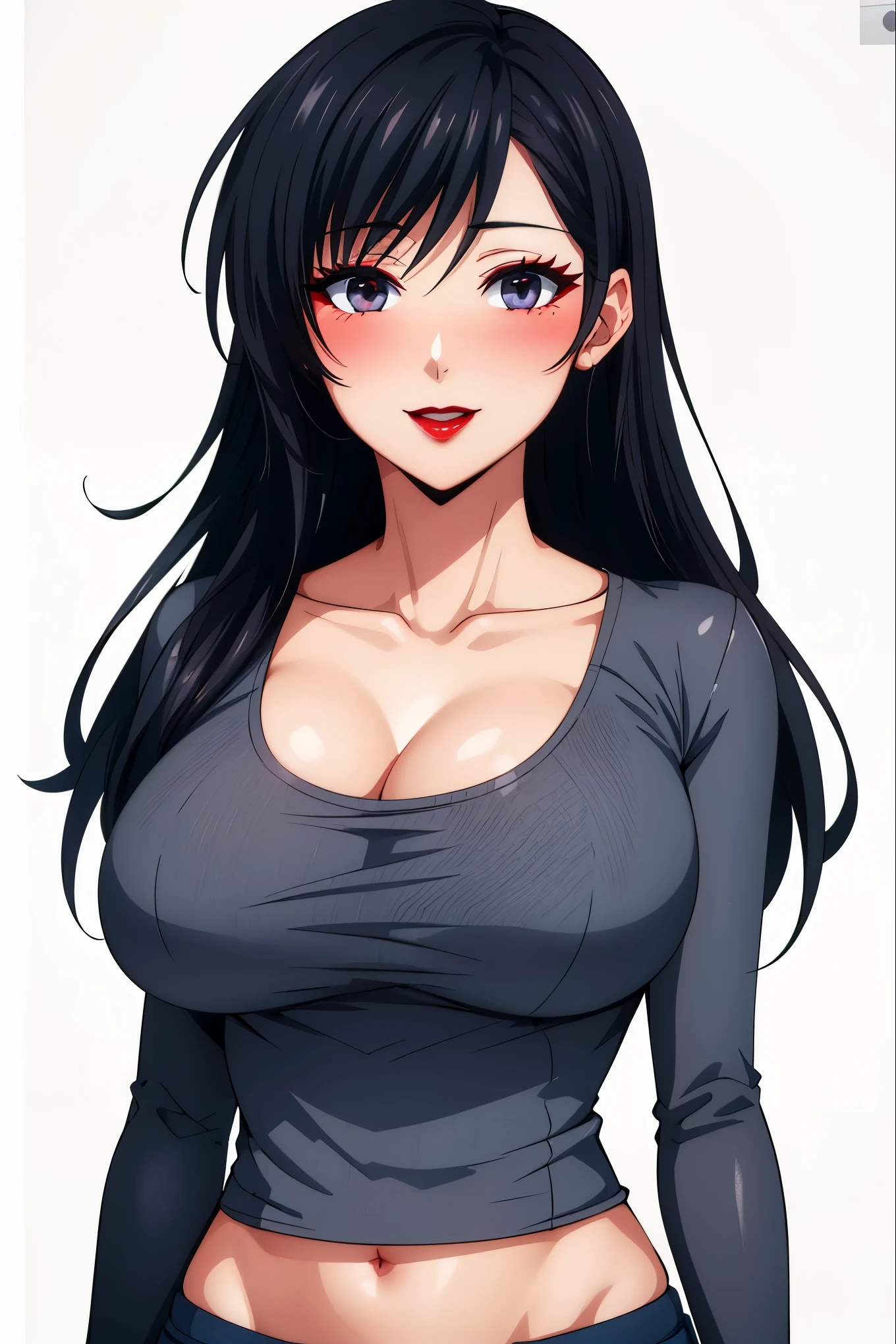 1 milf, long black hair, very huge breasts, very horny, 4k quality, red lips, blushing, smiling, sixpack