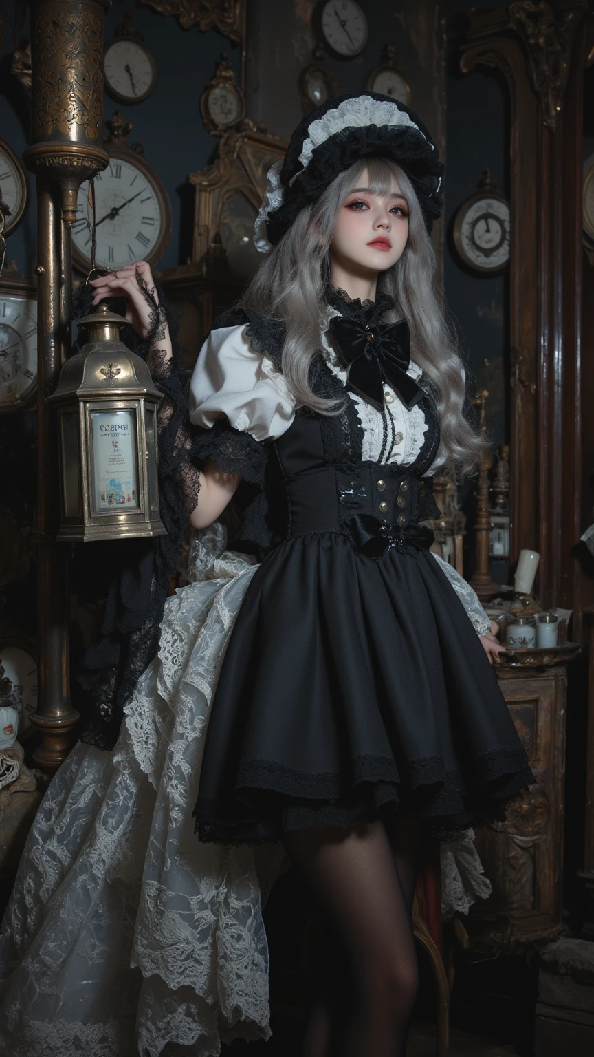 1girl, petite . small beasdt , skindentation, +++ 
turquoise eyes , 
dark blond hair, 
medium hair , 
braided ponytail, shot hair, 
wavy hair , 
asymmetrical bangs, 
hair flaps , 
blush , 
head_tilt  
+++, from side, looking at viewer, face to tiptoe, Bottom Light, contrapposto, dynamic pose, lower eyelashes, upper eyelashes, eyeliner, Gothic Frilled dress, long skirt, Headdress, bowknot, hair ornament, hair flower, black fishnet_pantyhose, garter straps, Lace, cross-laced footwear, frilled blouse, ribbon-trimmed sleeves, puffy sleeves, lace glove , bloomers  +++Vampire Castle , extremely quality extremely detailed, Faint lips,UC:realistic glow shine like opal deep-silky-healthy-lackwarm-foundational-soft-skin, photo realistic ray trace depth of field, <lora:_sdxl-flat:-0.5>