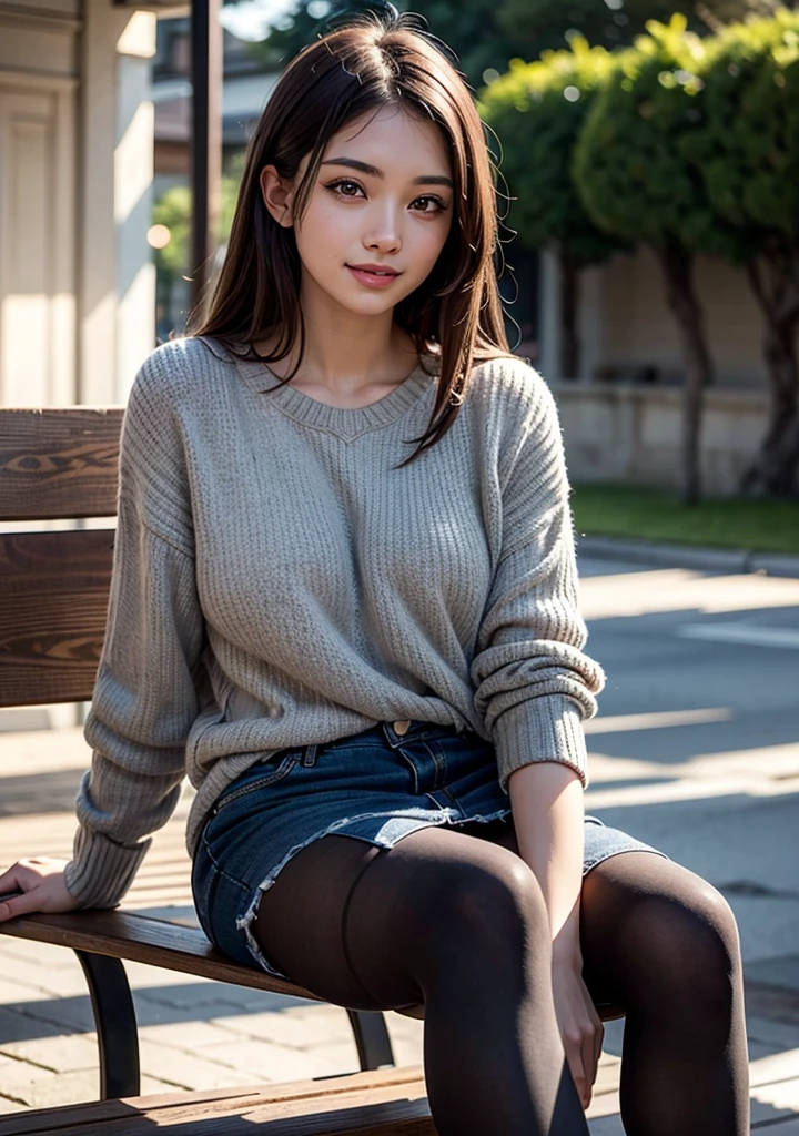 Photo taken by a professional photographer，Close-up of a woman squatting on the sidewalk with her legs crossed, kiko mizuhara, wearing a sweater, Shirahime cut brown hair, wearing a sweater, young and cute girl, japanese model, 白いwearing a sweater, Chiho, ランダムカラーのカジュアルなwearing a sweater,Cute ide waves with short hair, a cute young woman, cute young woman, black pantyhose，black tights，black high heels，