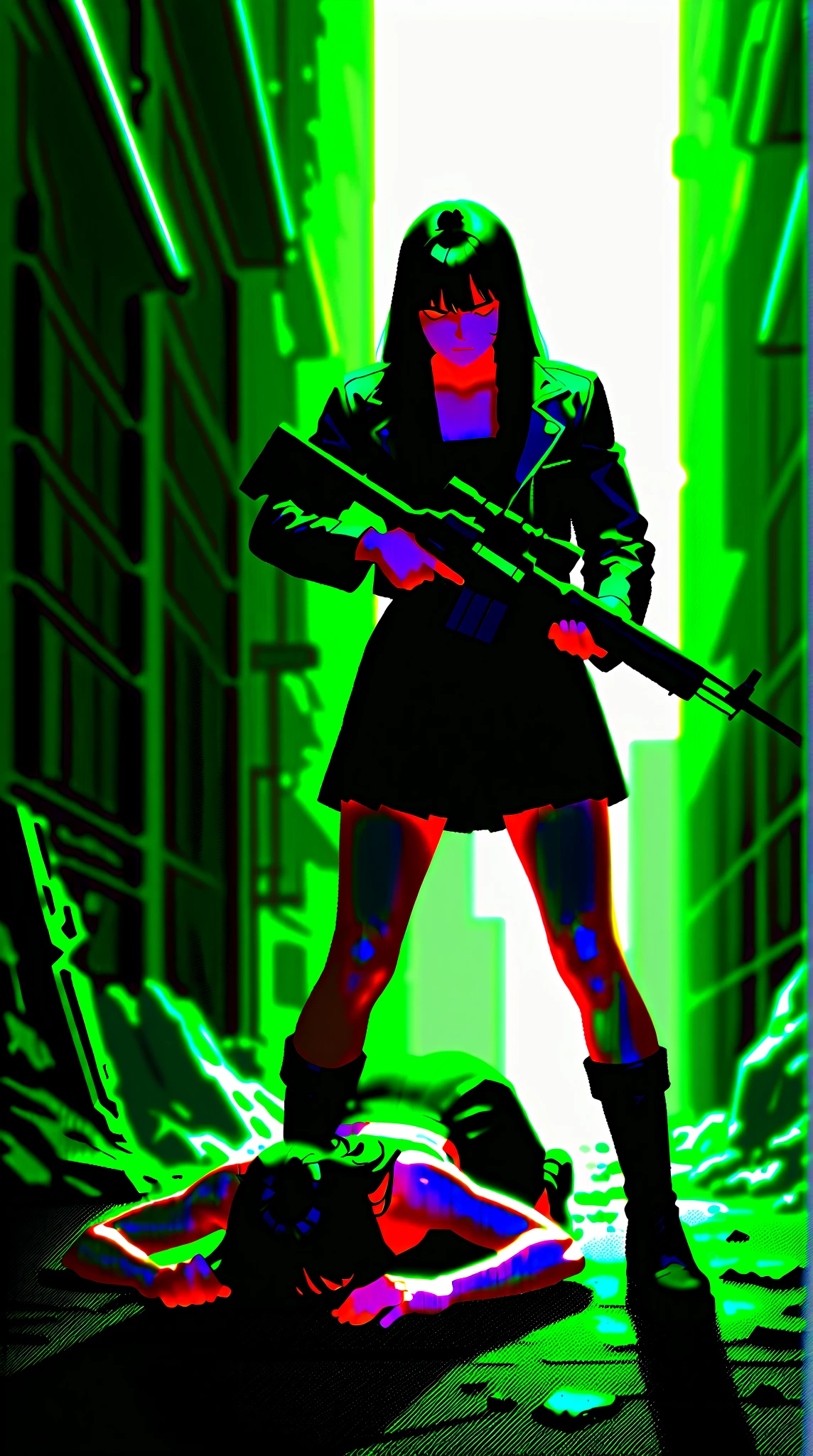 cyberpunk-style city with a nocturnal vibe with Matrix-like aesthetic references, glowing huge clock tower as time machine, green glowing cascading code. At night, (1girl, solo, alone), photorealistic, medium-breast slim:0.6 body, oval:0.5 face, cleavage:1.1, sexy black laced bra, miniskirt, white laced panty, coat, (black micro sunglasses), (holding a short gun), (slightly leaning forward running pose), ((half-body thigh level medium shot)), cinematic lighting, ray tracing, motion blurred background.