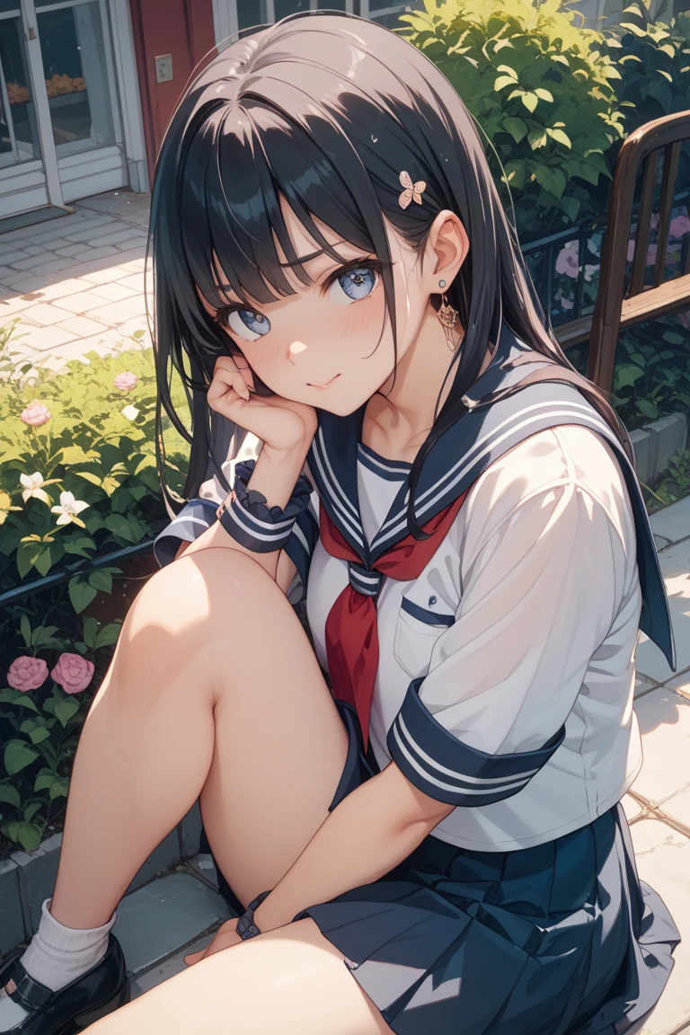 Spread your legs、stretch、Squat、White Sailor Suit、Black Mini Skirt、Light blue panties with ribbon、Hair Ribbon、Silver Hair、Blue Eyes、Floating nipple-shaped legs