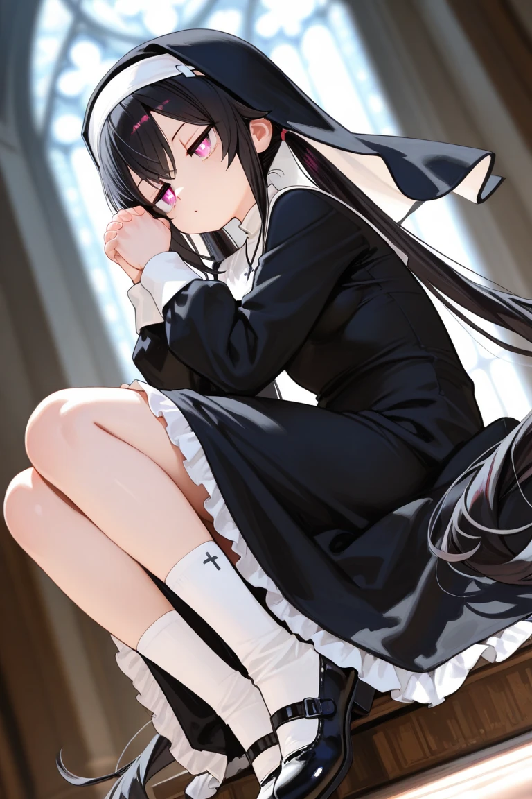 1girl, breasts, digust, face of disgust, long hair, open mouth, thighhighs, white gloves, hair between eyes, small breasts,black hair, penis, pussy, solo focus, black thighhighs, indoors, spread legs, mole, vaginal, thigh, breasts out, mole under mouth, clothed sex, gloves in mouth, nun, nun uniform