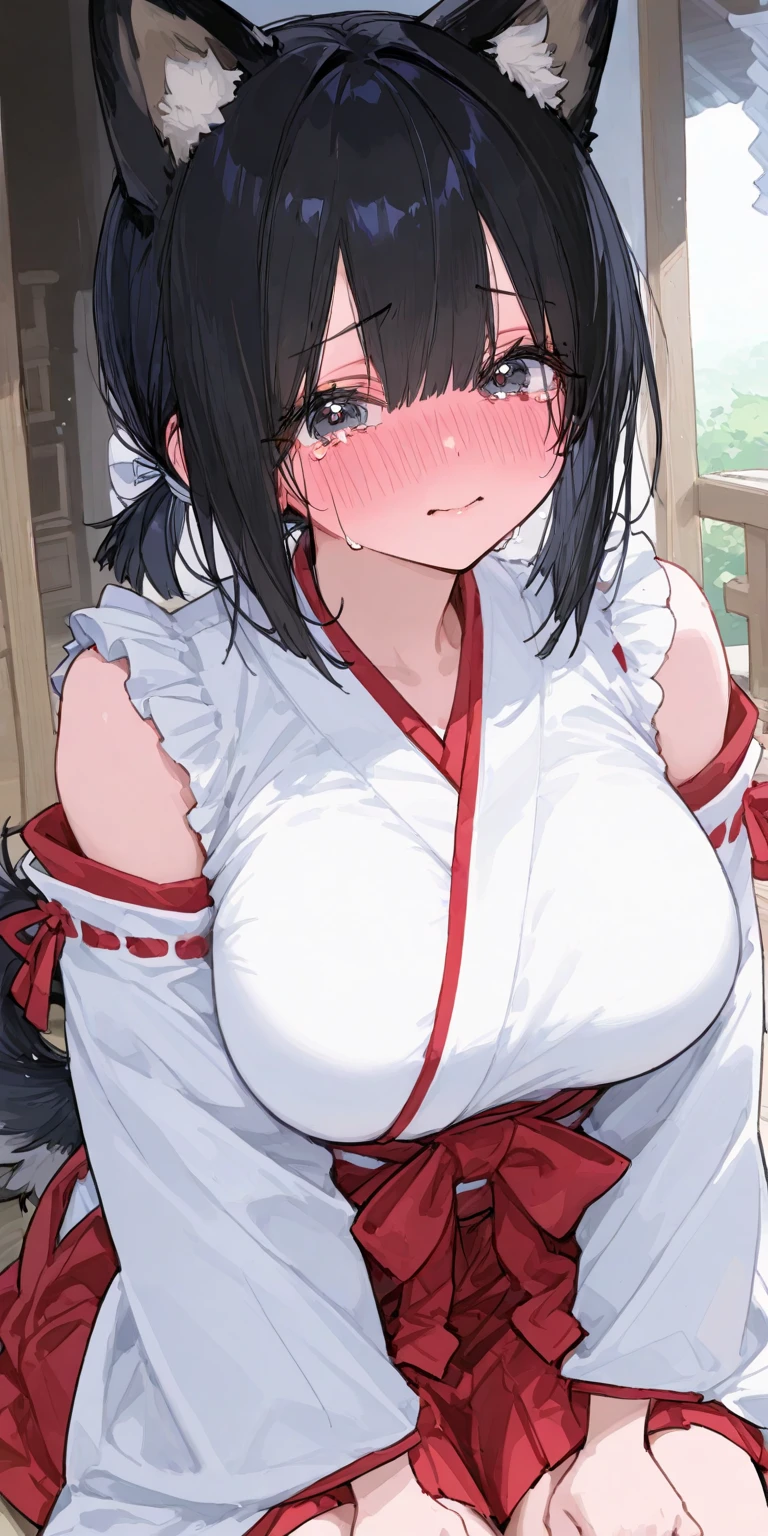 High-quality illustration style。A woman with a seductive atmosphere, a geisha。With defined eyeliner。Her skin is flesh-colored、She has black hair。Her hairstyle is twin tails with vertical roll curls on each side.。Red eyes。The background is a Japanese-style room at night.。The clothing is based on black A gorgeous kimono with a red obi。She has big breasts - she has a great figure、A face flushed with embarrassment、The bandages around his chest are pulled open.。Sitting astride a man's waist。Sexy sitting。Trembling all over。Sweating。All ages