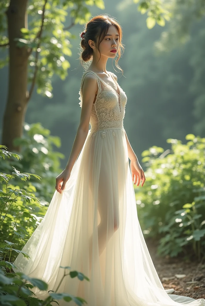 (masterpiece, highest quality:1.2), One girl, alone, Delicate face, White skin woman, See-through silhouette, White Dress, whole body, Outdoor,Portraiture