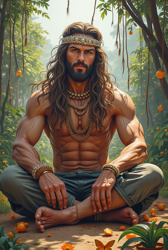 Fantasy handsome mane is completely nude in the jungle.  He put his hand across his body so that his testicles were not visible.