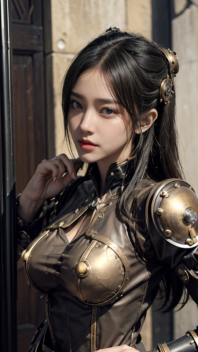 beste-Qualit、шедевр、ultra-high-resolution、(photo- realistic:1.4)、Raw photo、女の子1人、Black hair、glowy skin、steampunk suit、((hyper realistic detail))、portlate、Global Illumination、Shadow、octan render、in 8K、ultrasharp、tetas grandes、Raw skin is exposed in cleavage、steampunc、metals、Golden gears、Hydraulic cylinder、Details of complex ornaments、Gothloli details、Luminous tube、extremely intricate detail、Realistic light、CGSoation Trends、purple-eyed、radiant eyes、Facing the camera、neon details、Mechanical limbs、blood vessels connected to tubes、Mechanical vertebrae attached to the back、mechanical cervical attaching to neck、sitting on、Wires and cables connecting to the head、Small LED lamp、The backdrop is a steampunk city of the future、