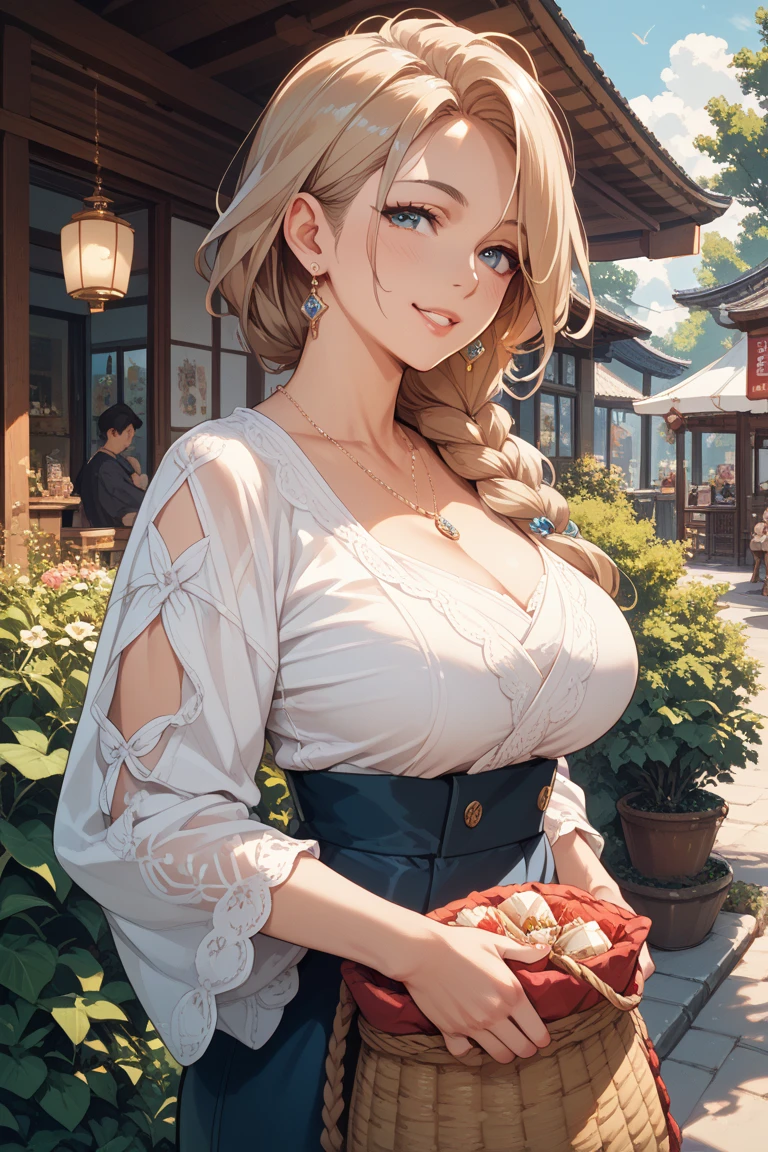 Big and round breasts, she is an adult woman ((she is beautiful and cute)), (white hair with braids, pearls in the braid, beautiful earrings, choker), double eyelids, blue eyes, clear and detailed, hyper detailed, effect of light in the eyes, detailed iris, sensual body, ((beautiful yellow dress with a wide strap around the neck, fanciful decorated with red flower embroidery on the delicate and elegant dress with beautiful details, beautiful and cool)), ((masterpiece, hyper realistic, hyper detailed, best quality, 16k, light and shadow on skin, vivid colors)), eyeliner, thin eyebrows, sensual expression, perfect lips, innocent and sexy face, ((skin with light and shadow), beautifully seductive woman and embarrassed, passionate expression, shy smile ((she is a beautiful woman with a beautiful body)), flirting with the viewer, beautiful, charming, ((in fantasy style medieval town, houses, fair in the distance)), (tilt of body) ((elegant sensual pose))